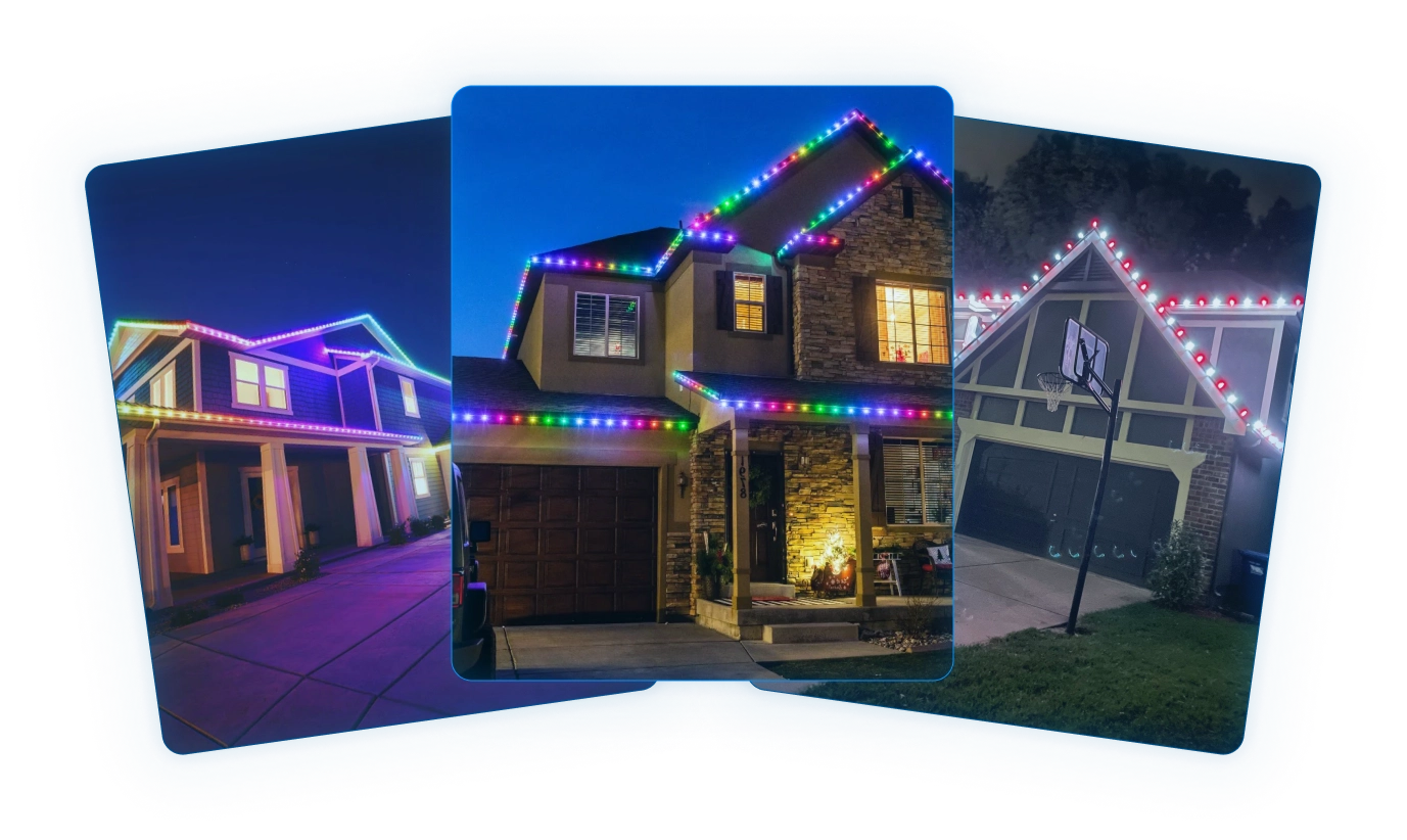 Three blue glowing cards with pictures of houses with Christmas lights