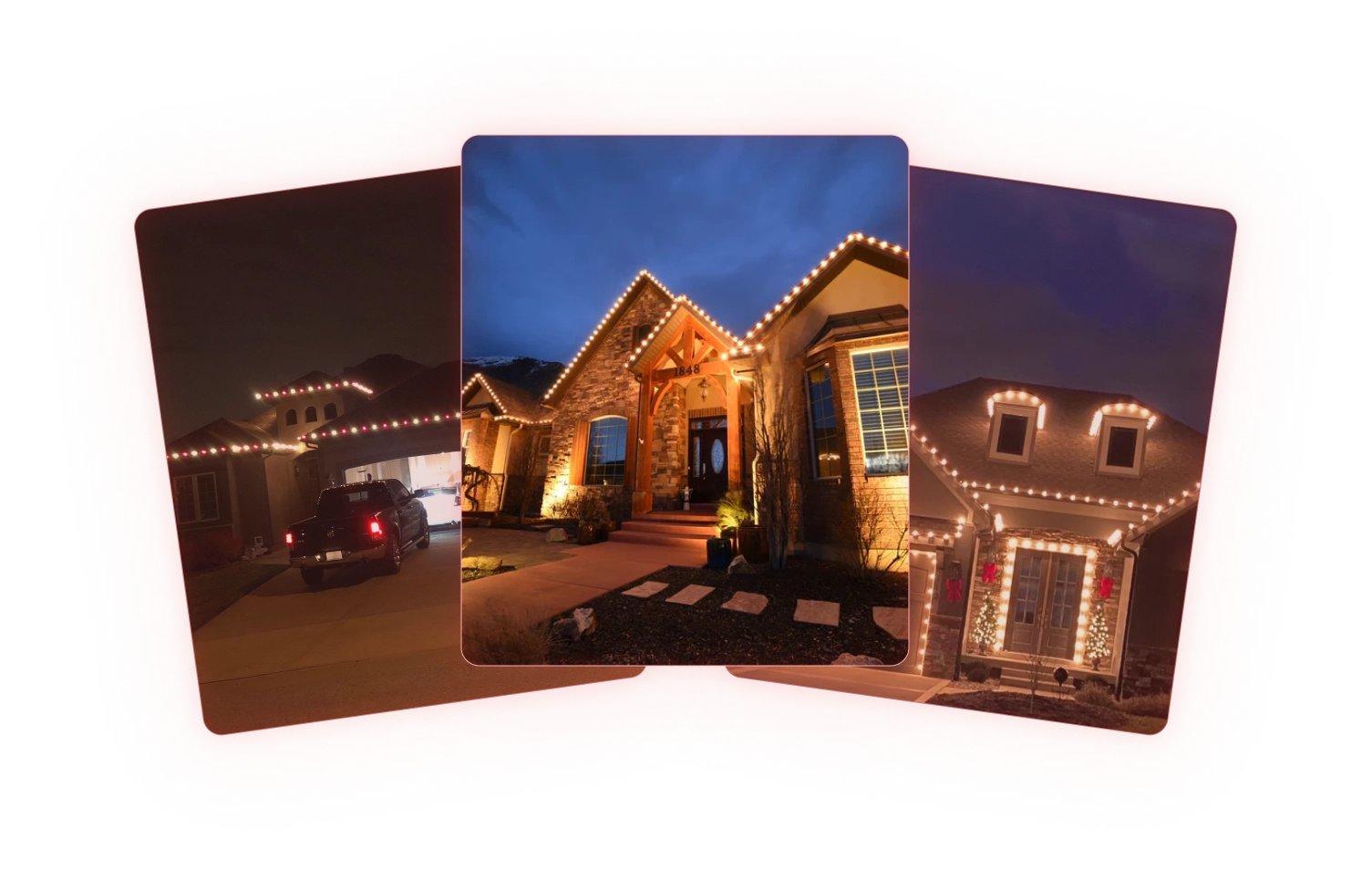 Three red glowing cards with pictures of houses with Christmas lights