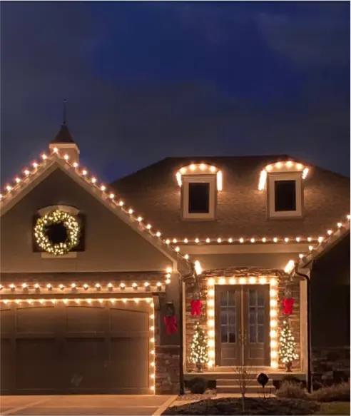 A house with seasonal Christmas lights.